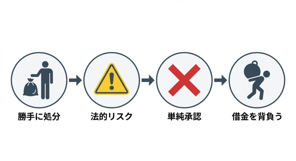 遺品を勝手に処分することで相続放棄ができなくなる『単純承認』の法的リスク解説図