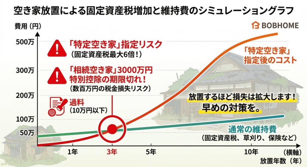 空き家放置による固定資産税増加と維持費のシミュレーショングラフ