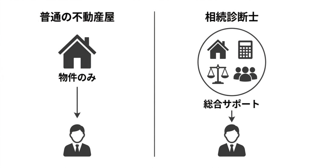 普通の不動産屋（物件のみ）と相続診断士（総合サポート）の対応範囲の比較図