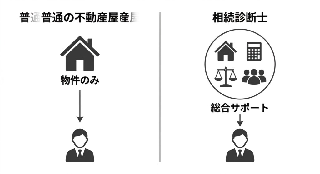 普通の不動産屋と相続診断士（BOBHOME）のサポート範囲・専門性の比較図