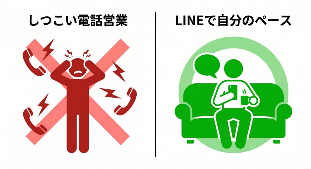 一括査定サイトのしつこい営業電話とLINE完結査定のストレス比較図