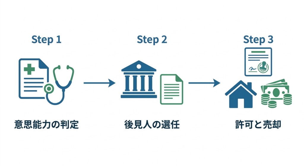認知症の親の家を成年後見制度を活用して売却する法的な流れ図