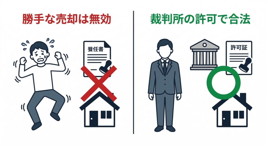認知症の実家売却における違法行為（勝手な委任状）と合法的な解決策の比較図