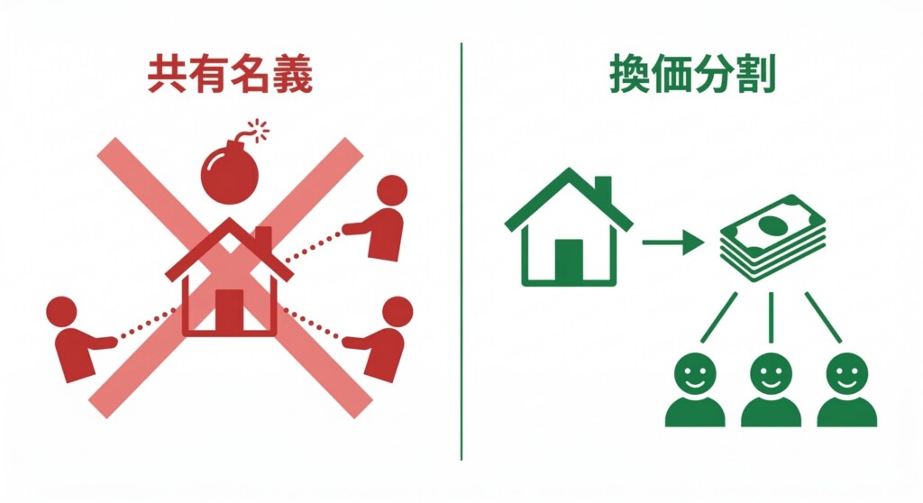 実家を売却し現金で公平に分ける換価分割と、将来のトラブル原因となる共有名義の違い