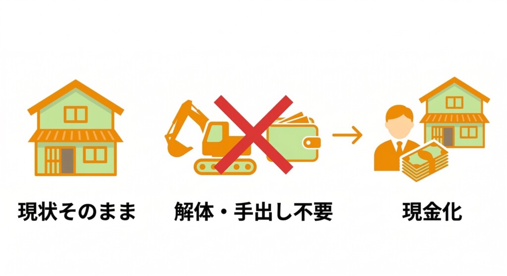 解体費用の手出し0円で古い実家をそのまま売却する仕組み図)